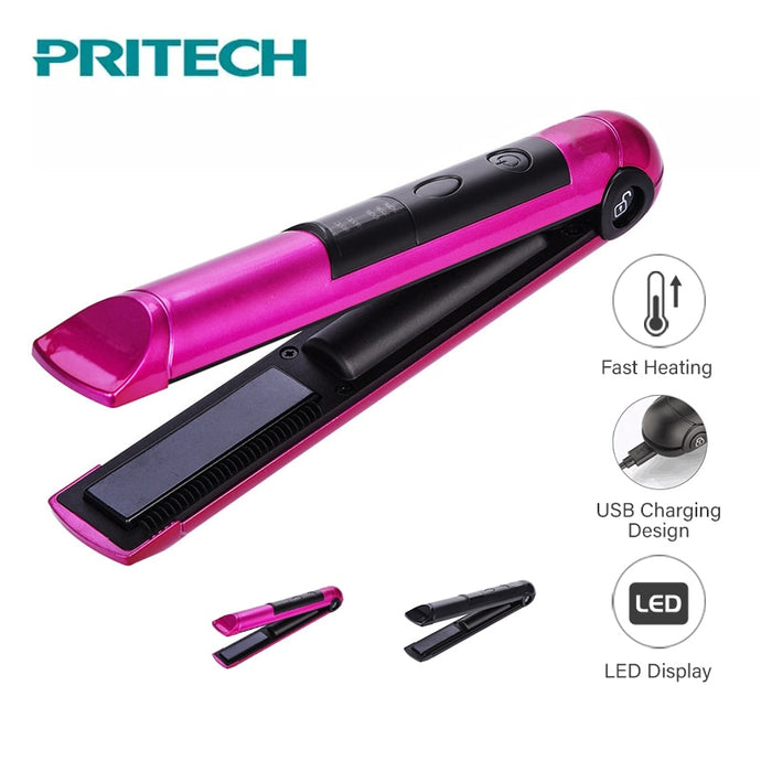 PRITECH Portable USB Recharging Professional Mini Hair Straightener LED Display Cordless Hair Flat Iron Hairs Tool Chapinha