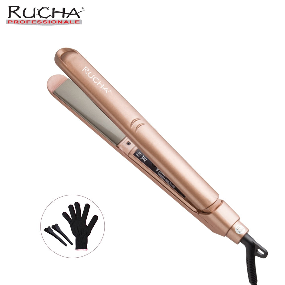 RUCHA 110-240V Tourmaline Ceramic Hair Straightening Iron Flat Iron LED Hair Tools Professional Curling Hair Straightener Curler